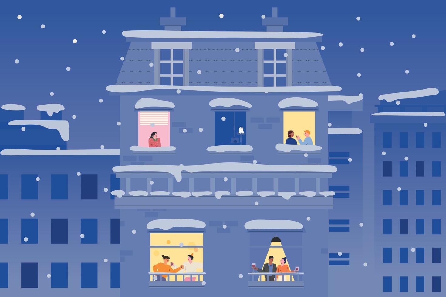 Snowy night background. I see people having a good time from the windows in the warm light of the apartment. vector