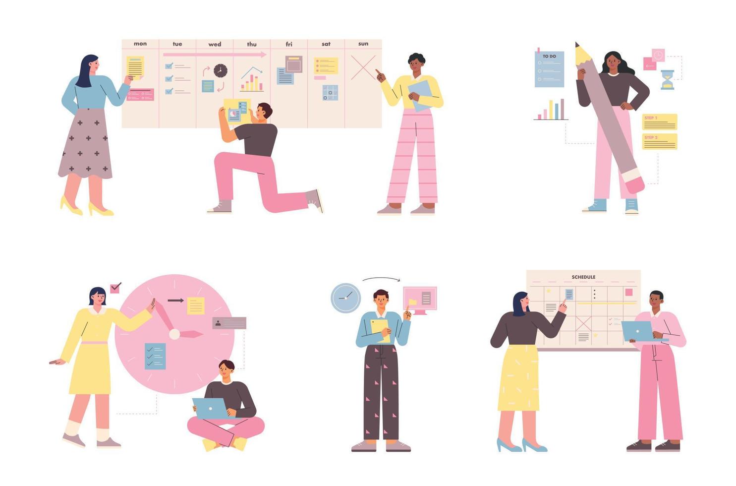 People who plan the project. People are writing schedules on big clocks and calendars. flat vector illustration.