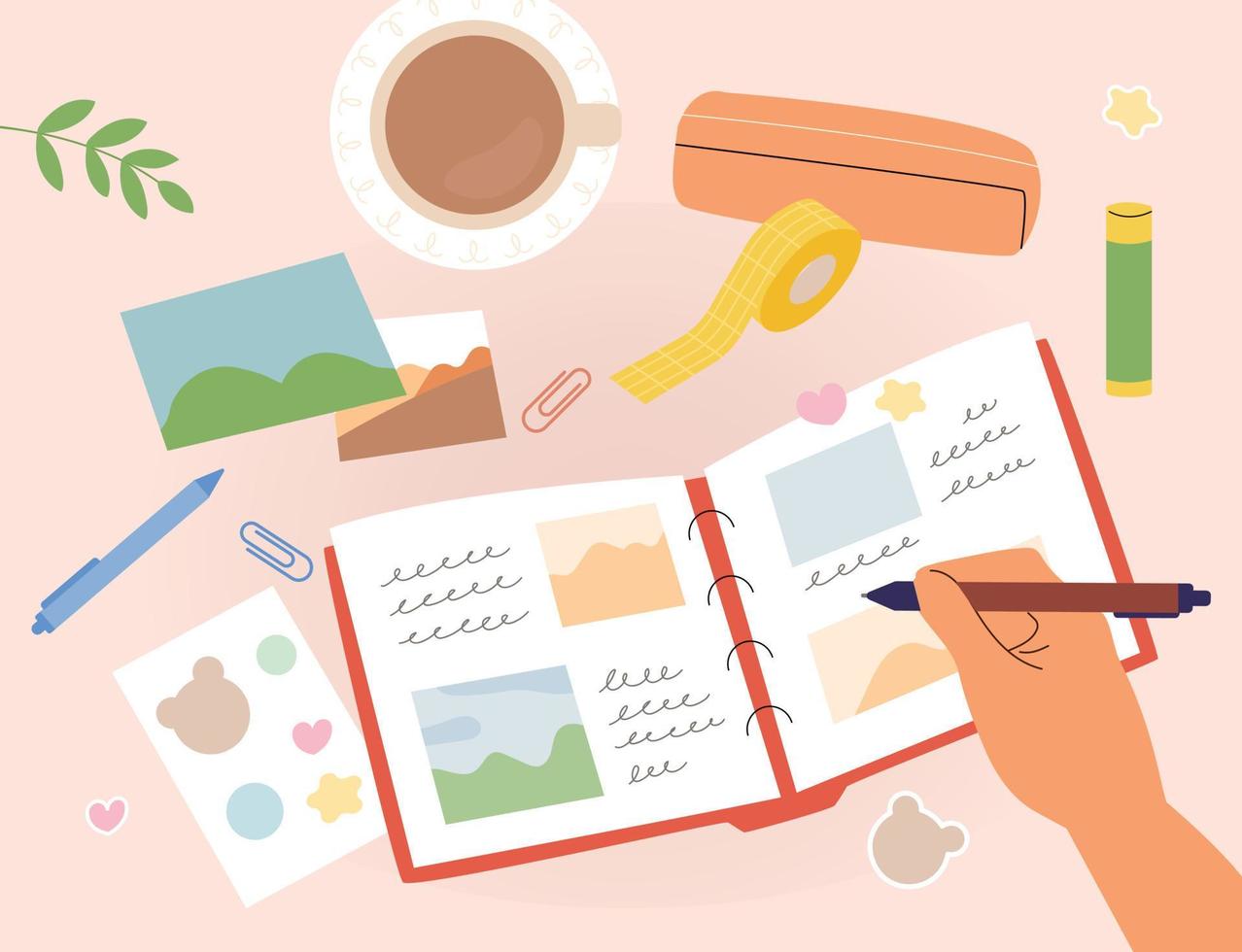 One hand is decorating a diary with pictures and stickers and writing. Stationery is scattered on the table. vector