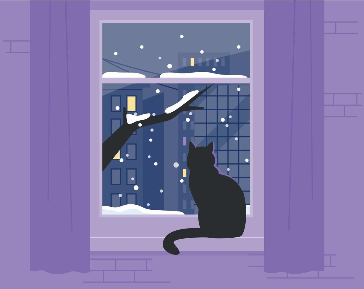 un gato negro está sentado junto a la ventana y mira el paisaje nevado afuera. ilustración vectorial plana. vector