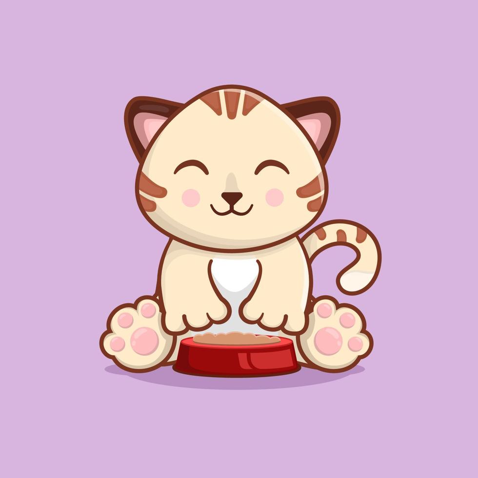 happy cat with red bowl full of food vector