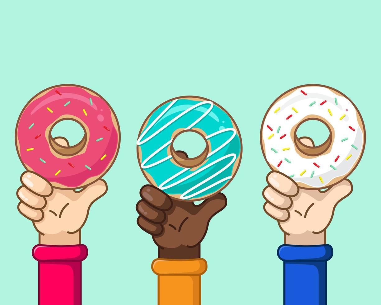 símbolo de unidad y diversidad manos de diferentes países sosteniendo dulces y deliciosos donuts vector