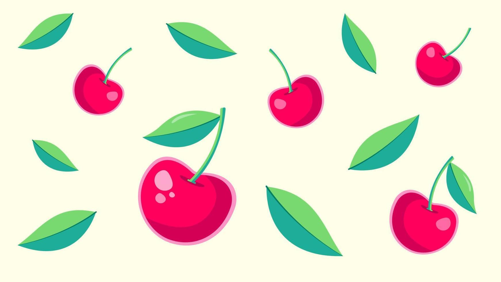 Red cherry and green leafs pattern vector