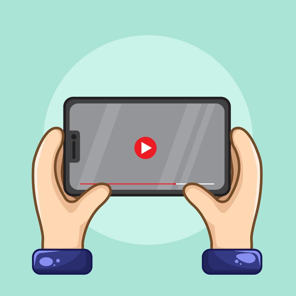 Hand holding smartphone with play button to watch video in app vector