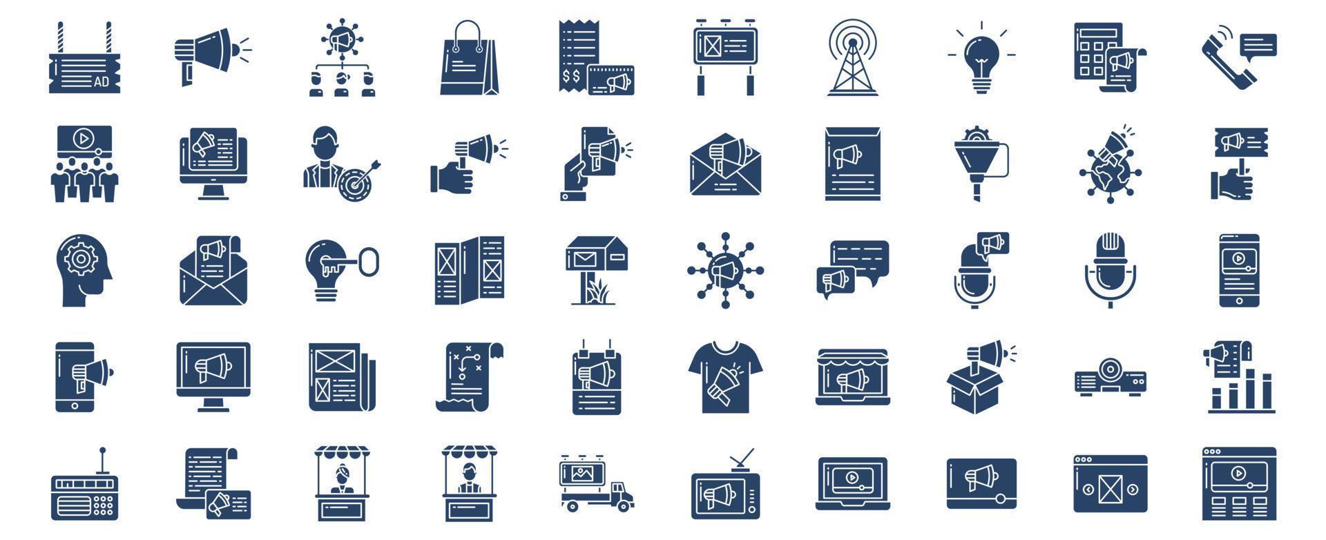 Collection of icons related to Advertising and promotion, including icons like Audience, Billboard, Customer, Digital Marketing and more. vector illustrations, Pixel Perfect set