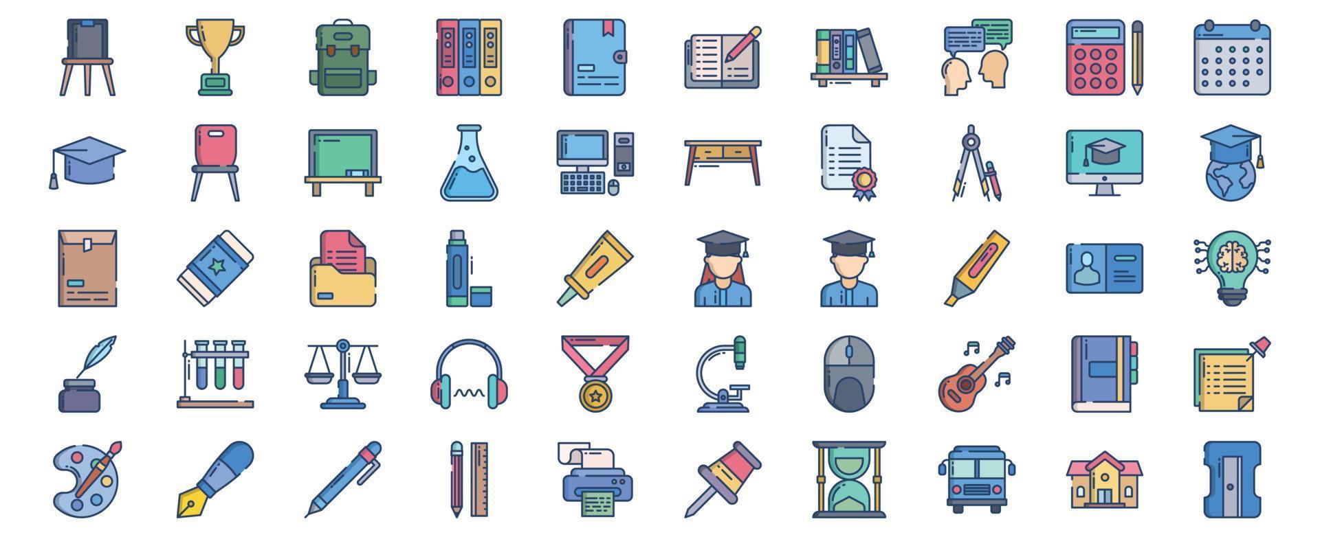Collection of icons related to Academy and school, including icons like Achievement, Brainstorming, Education, Graduation and more. vector illustrations, Pixel Perfect set