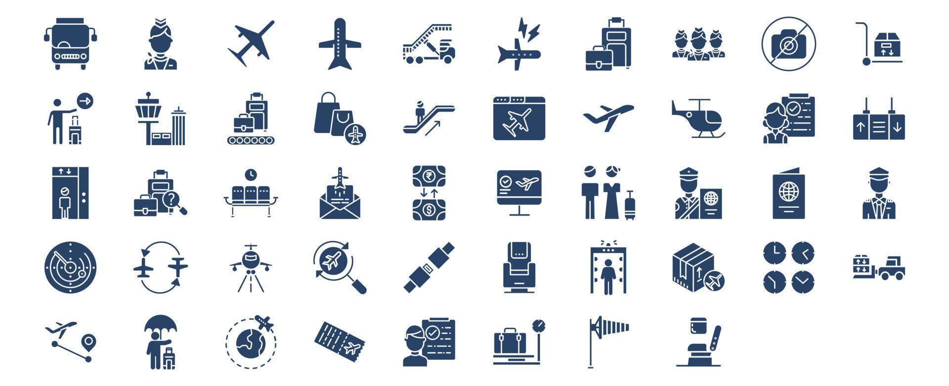 Collection of icons related to Aviation travel and airport, including icons like Air hostess, aircraft, baggage, Duty free, passenger and more. vector illustrations, Pixel Perfect set