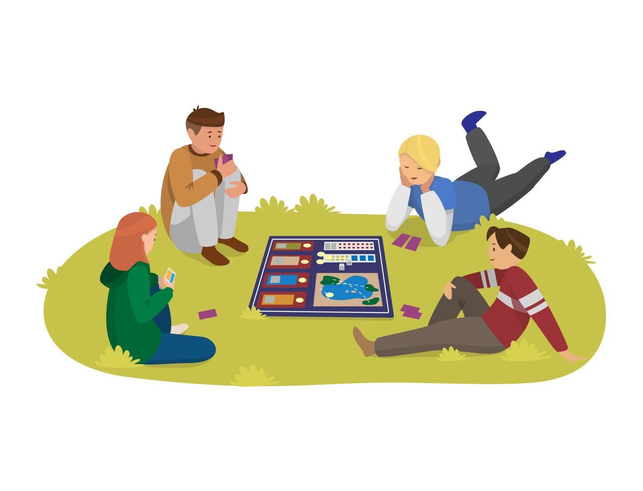 adolescentes jugando juegos de mesa al aire libre tendidos en la ilustración del vector de hierba. aislado en blanco