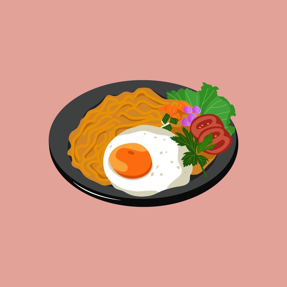 Vector illustration of fried noodles with egg and vegetables topping