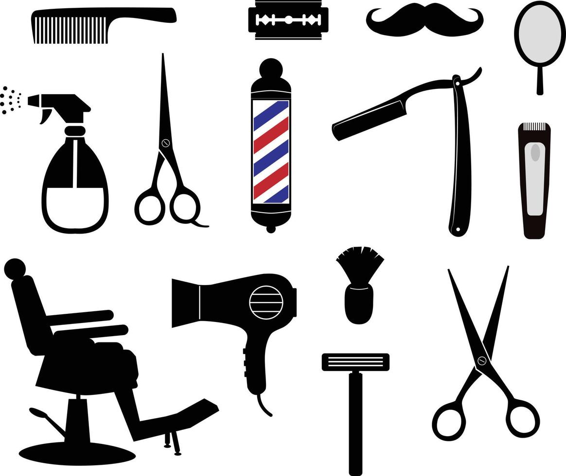 equipo de barbería, herramientas, íconos cosméticos sobre fondo blanco.  signo de peluquería. símbolo de colección de barbería. estilo plano  13137158 Vector en Vecteezy