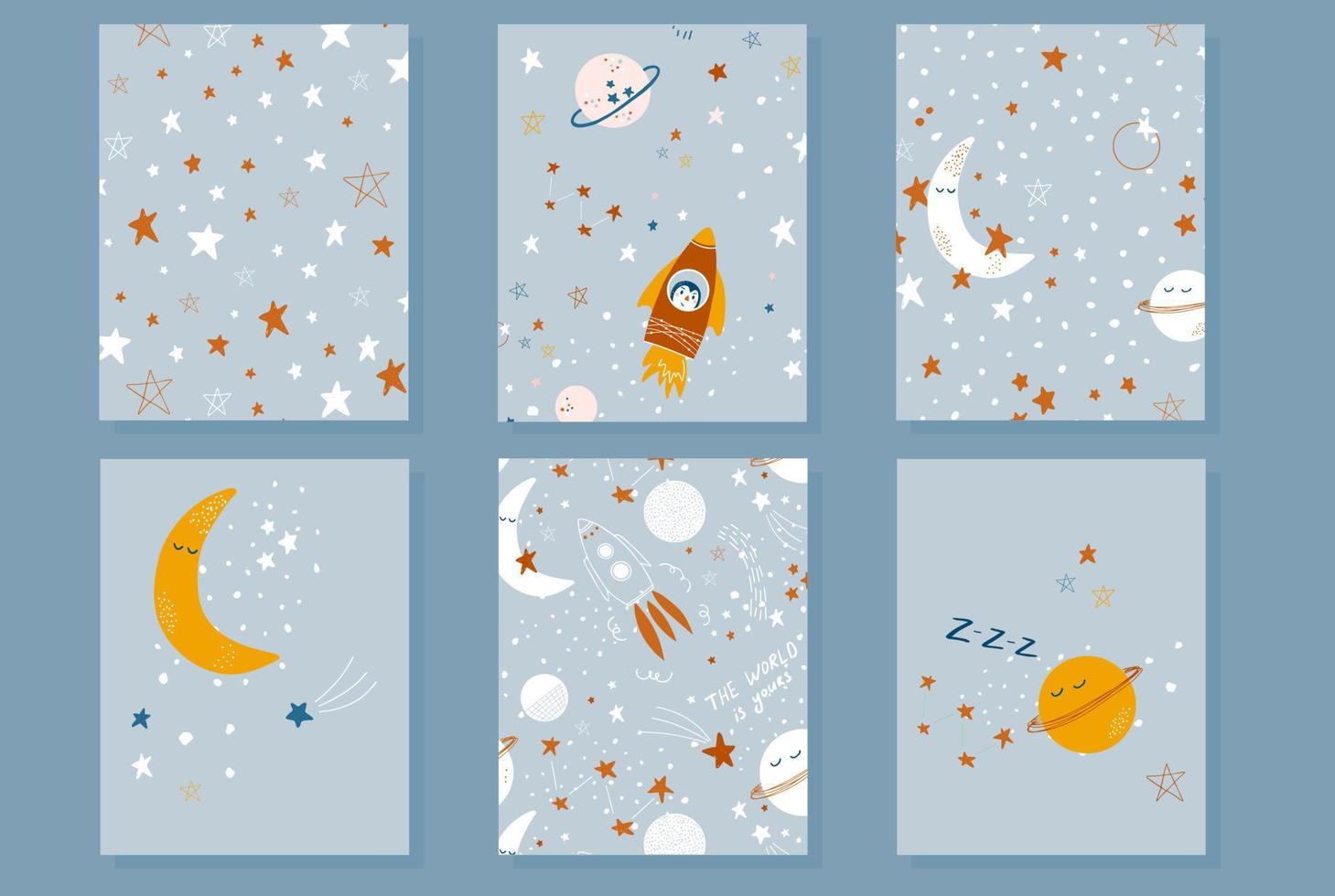 Tarjetas con temas cósmicos. lindas ilustraciones vectoriales con estrellas, luna, cohetes y planetas. estampados hechos a mano para ropa de bebé, textiles, postales, álbumes de recortes. vector