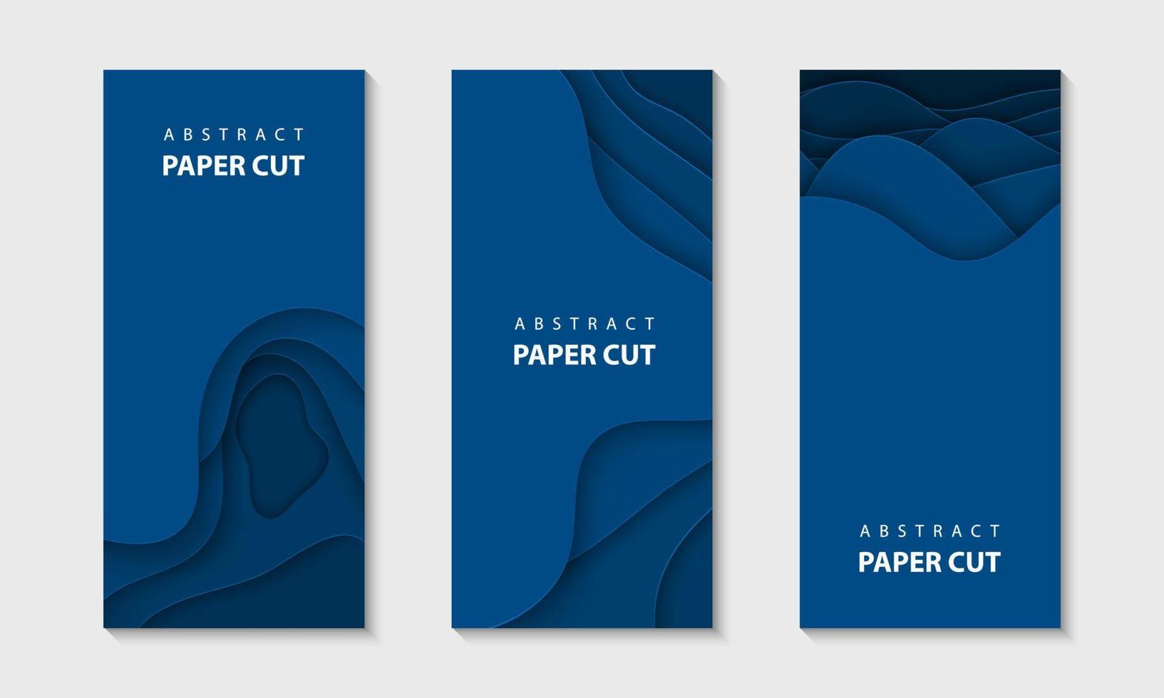Vector vertical flyers with trendy blue paper cut waves shapes. 3D abstract paper style, design layout for business presentations, flyers, posters, prints, decoration, cards, brochure cover, banners.