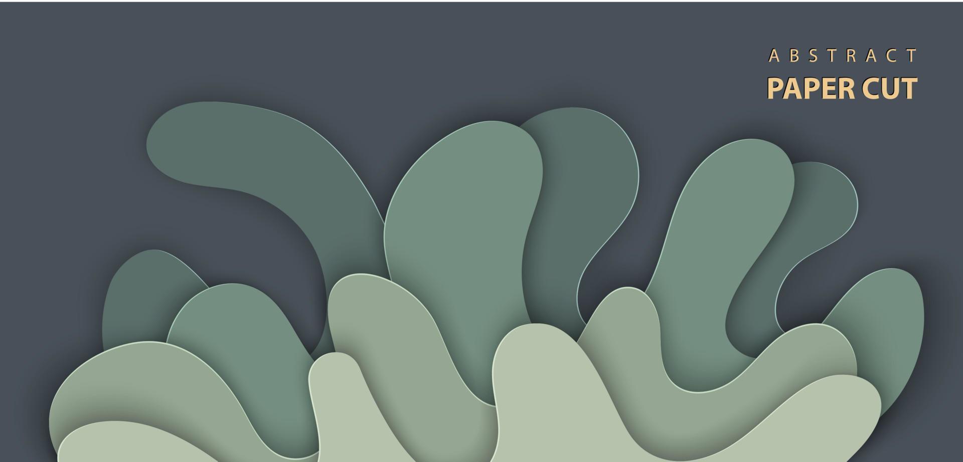 Vector background with splash water paper cut shapes in dark green color. 3D abstract paper art style, design layout for advertising, flyers, posters, prints, decoration, cards, brochure cover.