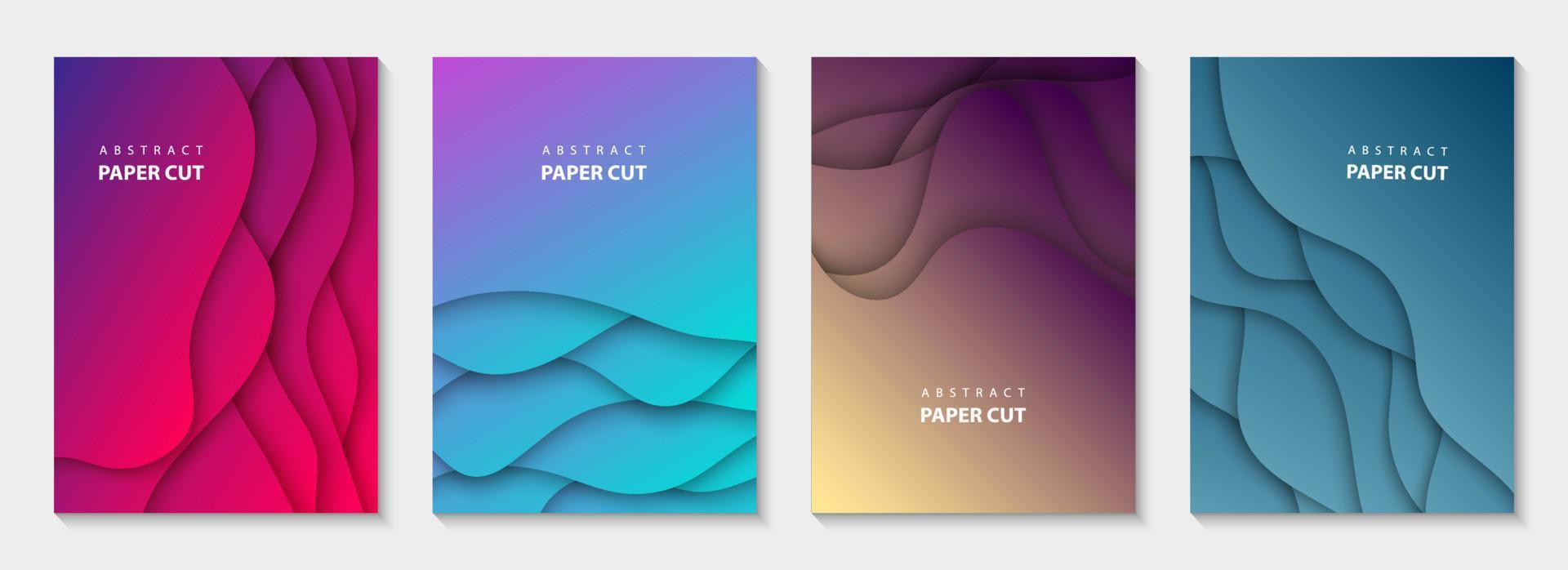 Vector vertical flyers with vivid colors paper cut waves shapes. 3D abstract paper style, design layout for business presentations, flyers, posters, prints, decoration, cards, brochure cover, banners.