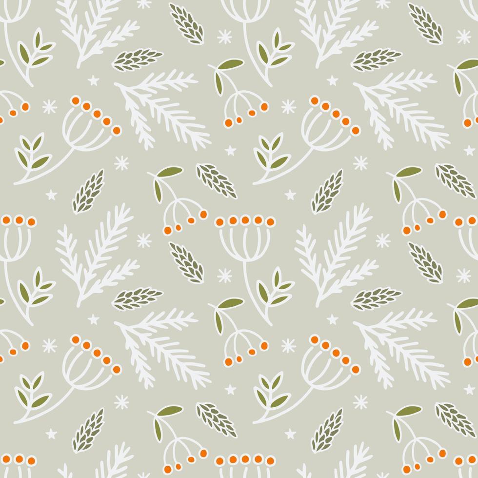 Vector illustration. Seamless light illustration in winter style. Cones, rowan, twigs and snowflakes on a light background. Suitable for various printed products on the winter theme.