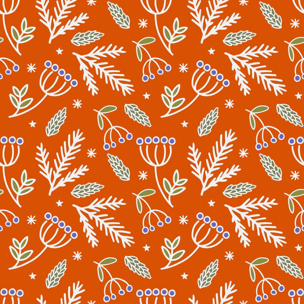 Winter pattern, seamless vector illustration. Cones, rowan, twigs and snowflakes on a bright background. Can be printed and used as holiday wrapping paper, wallpaper, textile, fabric, etc.