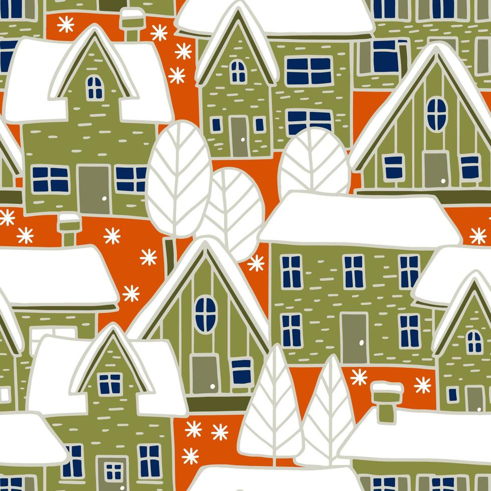 Silhouettes of cute houses and trees with snow. Seamless vector pattern. Endless background. Suitable for wallpaper, curtains, print, banner, decorative paper.