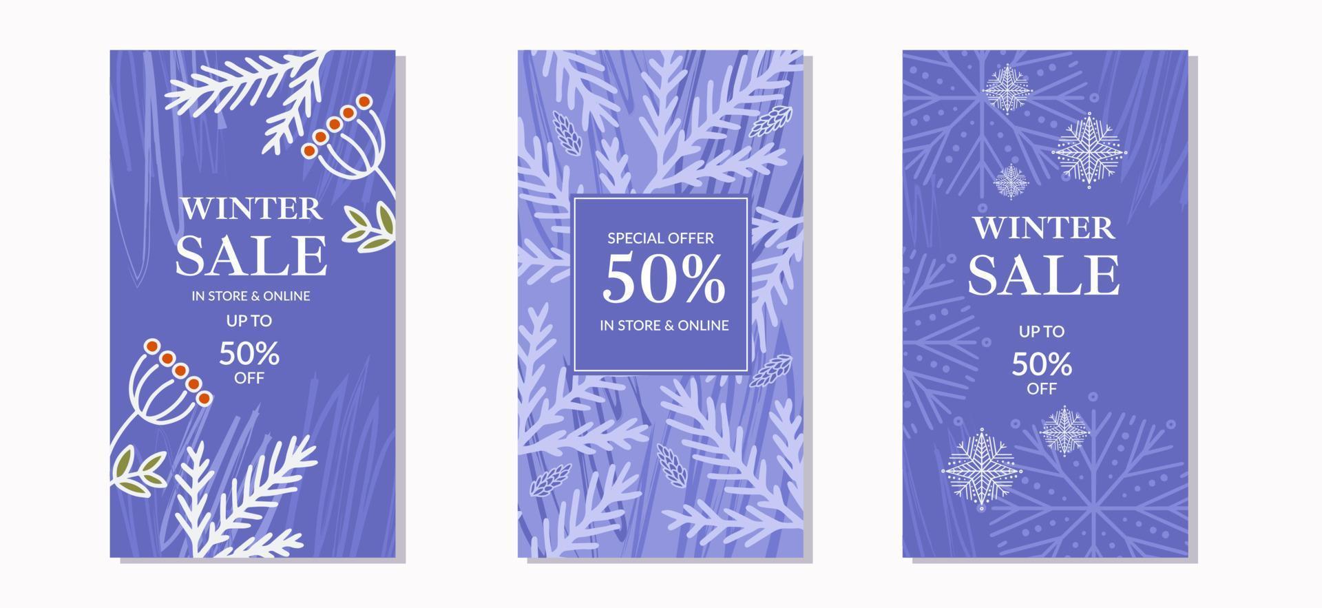 Set of illustrations with the inscription Winter Sale. Winter motif with snowflakes, rowan and cold flowers. Perfect for banners, signage, poster, social media story. vector