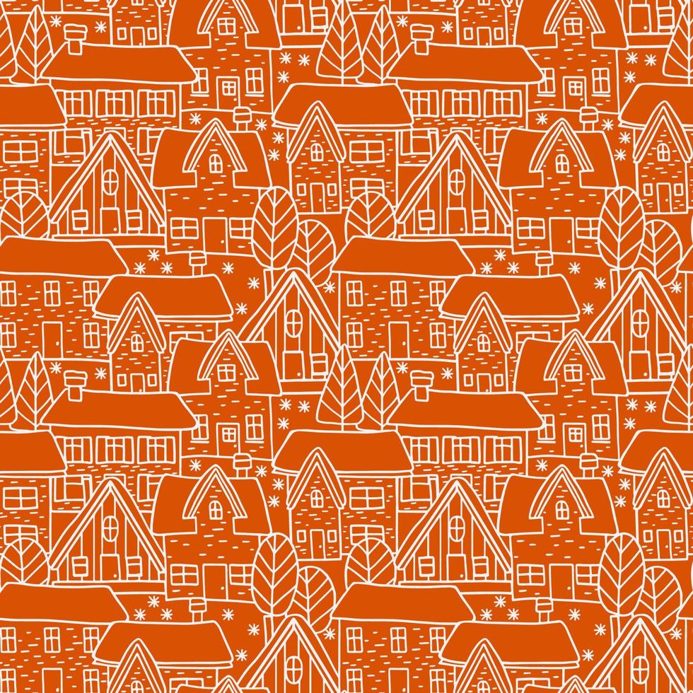 beautiful festive seamless pattern with houses and trees. graphic vector illustration. Terracotta background. Can be used for textile, poster, banner, background, scrapbooking.