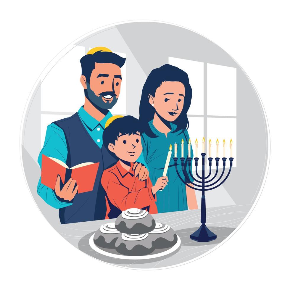 familia judía celebrando hanukkah con el concepto de menorah de iluminación vector