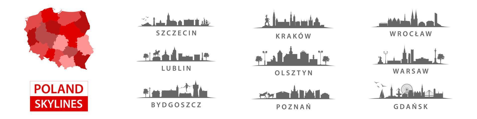 colección de horizontes polacos, grandes ciudades en polonia, europa del este, szczecin, cracovia, wroclaw, lublin, olsztyn, varsovia, bydgoszcz, poznan, gdansk vector