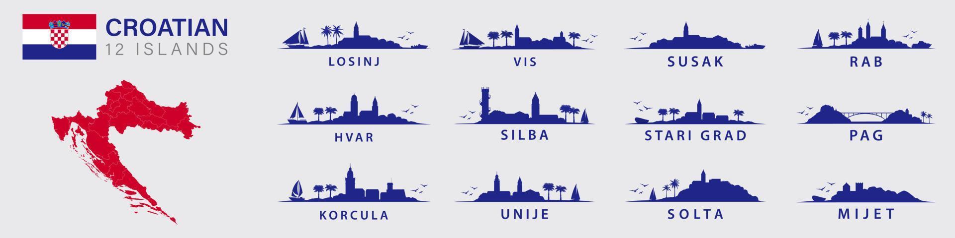 gráficos de siluetas vectoriales croatas en paisajes con islas. mapa de croacia y bandera. vector