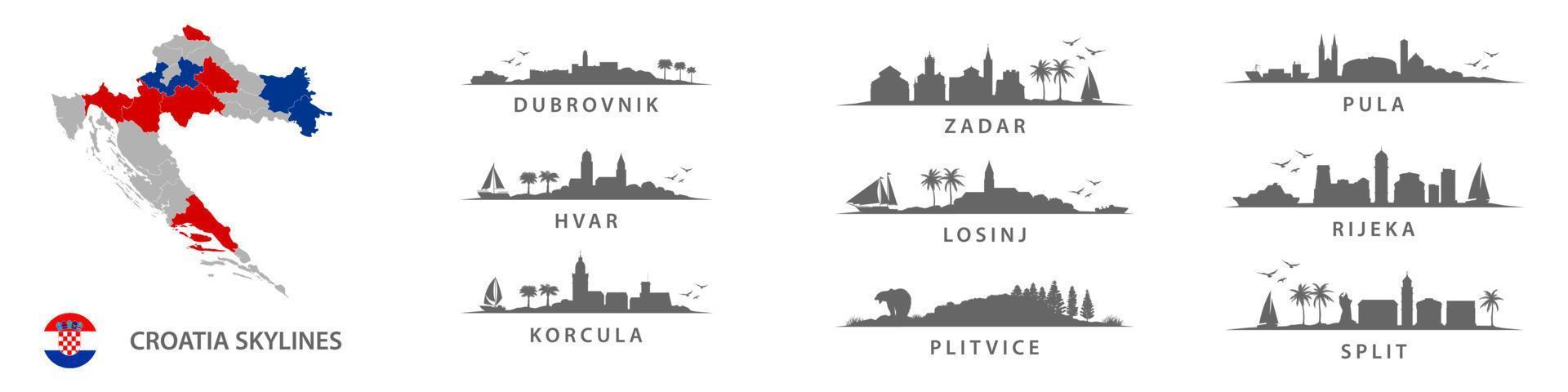 colección de horizontes croatas, grandes ciudades en croacia, europa del este. dubrovnik, zadar, pula, hvar, losinj, rijeka, korcula, plitvice, split. vector
