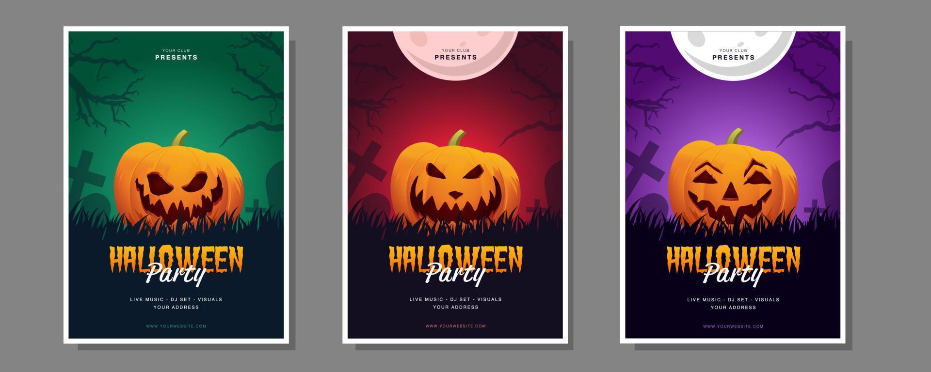 A set of flyers for a party in Helloween style. Vector pumpkin face on modern colorful background for cover, banner, brochure, poster, presentation. Vector illustration