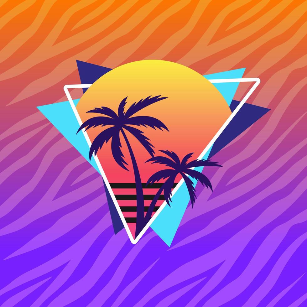 ilustración vectorial para camiseta con palmeras y puesta de sol. Indumentaria de los 80 y 90. estilo glam-rock. estampado retro para ropa. vector