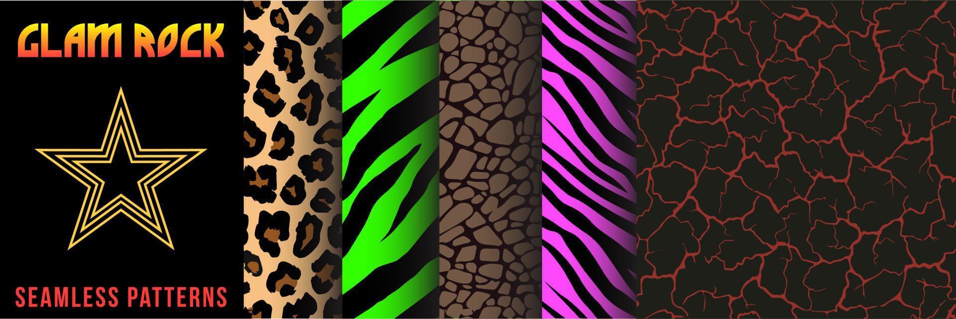 colección de patrones sin fisuras de glam rock metal de los 80. conjunto de gráficos abstractos de textura vectorial vívida en estilo retro vintage para prendas de vestir y textiles. cebra, tigre, leopardo, ajedrez, suelo tierra vector