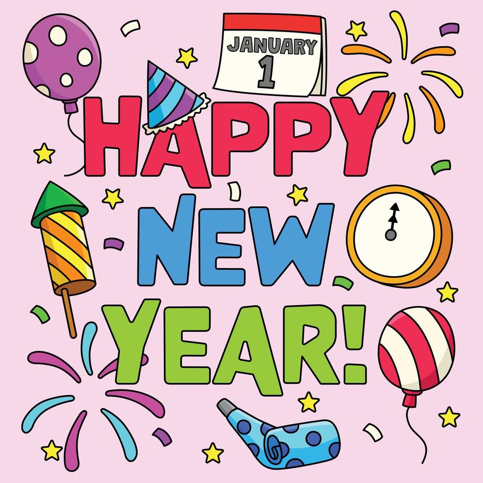 feliz año nuevo 1 de enero dibujos animados de colores vector