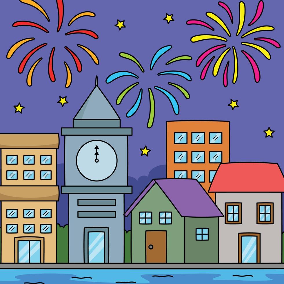 ilustración de dibujos animados de color de fuegos artificiales de año nuevo vector