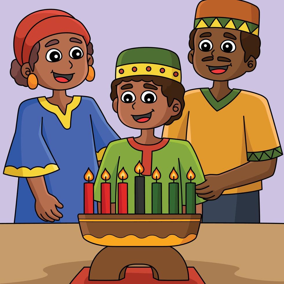 Kwanzaa Family And Kinara Colored Cartoon vector