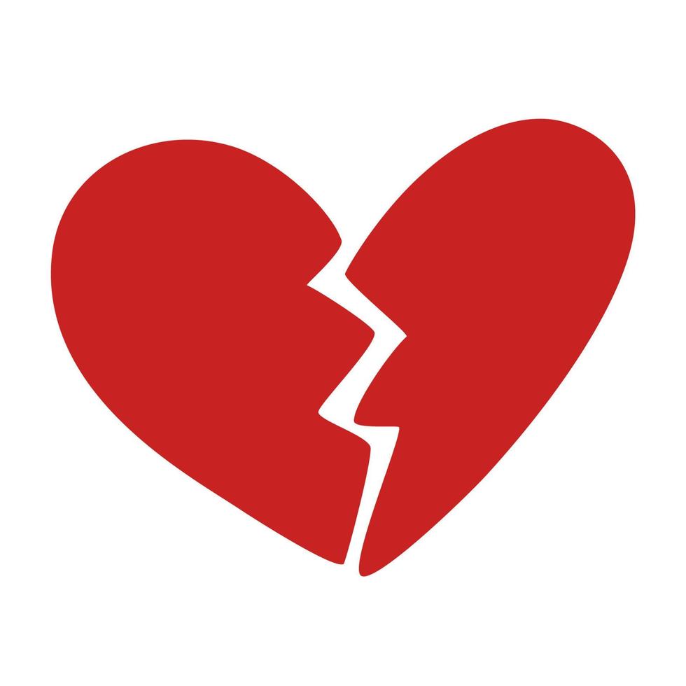 Broken heart. Heart for Valentine's day. Holiday of all lovers. Valentine's Day 2021. February 14. Red icon. Flat design. Vector hand draw illustration.
