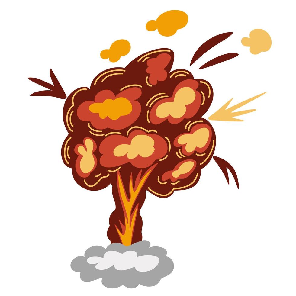 explosión. dibujos animados de dinamita o explosión de bomba, fuego. nubes de auge y elemento de humo. detonación explosiva peligrosa, explosión de bomba atómica. ilustración vectorial dibujada a mano. vector