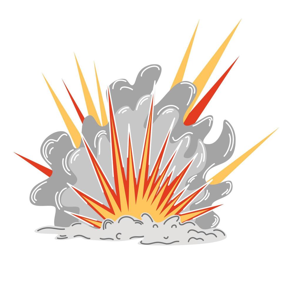 explosión. dibujos animados de dinamita o explosión de bomba, fuego. nubes de auge y elemento de humo. detonación explosiva peligrosa, explosión de bomba atómica. ilustración vectorial dibujada a mano. vector