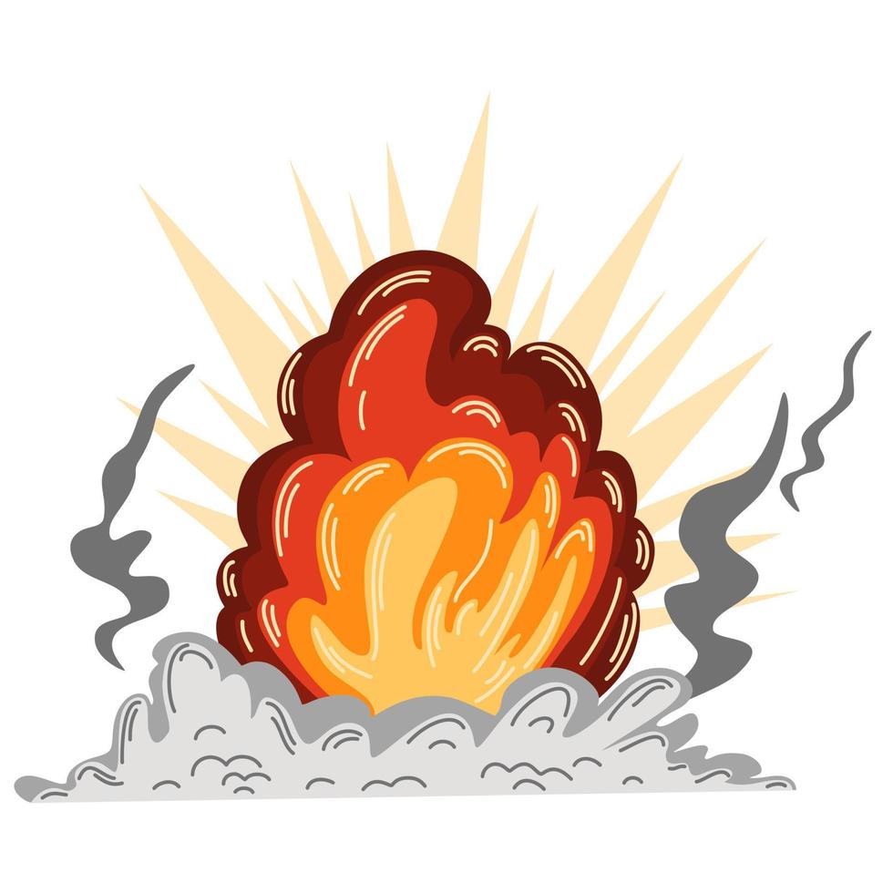 explosión. dibujos animados de dinamita o explosión de bomba, fuego. nubes de auge y elemento de humo. detonación explosiva peligrosa, explosión de bomba atómica. ilustración vectorial dibujada a mano. vector