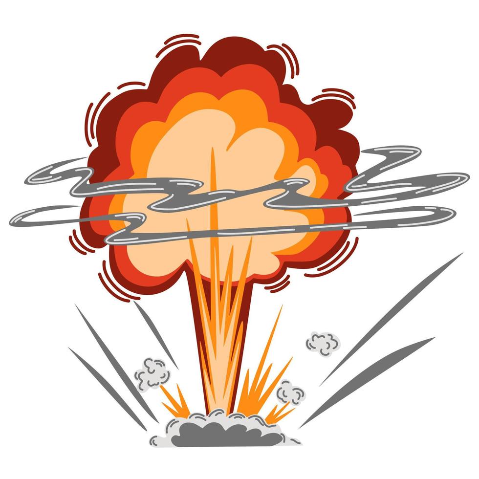 explosión. dibujos animados de dinamita o explosión de bomba, fuego. nubes de auge y elemento de humo. detonación explosiva peligrosa, explosión de bomba atómica. ilustración vectorial dibujada a mano. vector