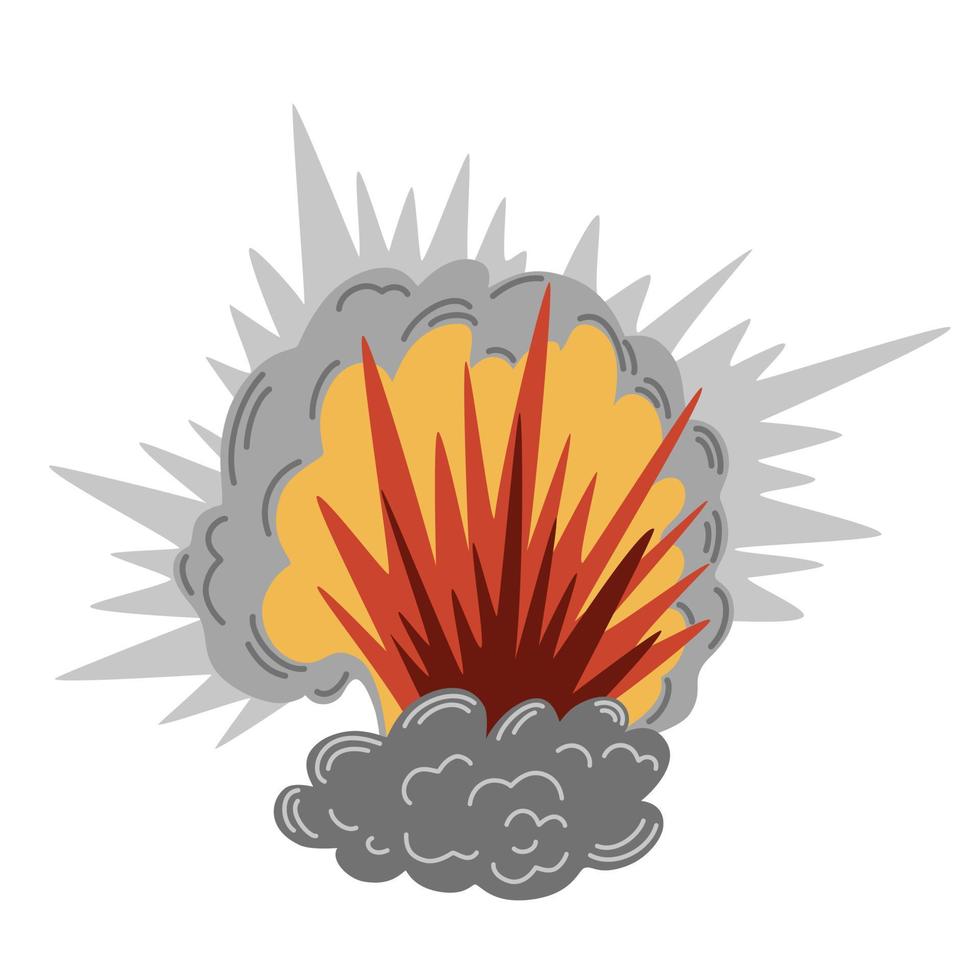 explosión. dibujos animados de dinamita o explosión de bomba, fuego. nubes de auge y elemento de humo. detonación explosiva peligrosa, explosión de bomba atómica. ilustración vectorial dibujada a mano. vector