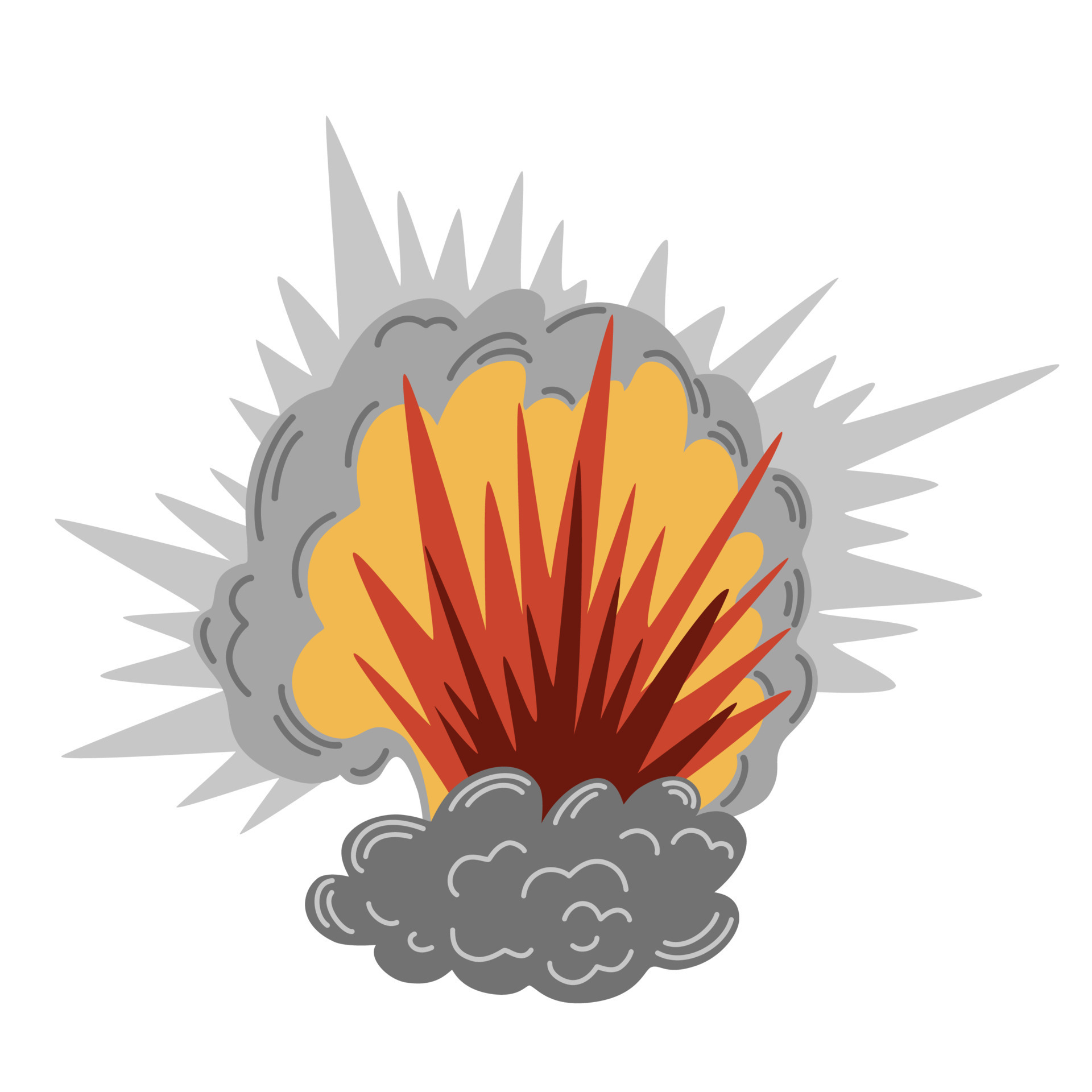 Explosion. Cartoon dynamite or bomb explosion, fire. Boom clouds and