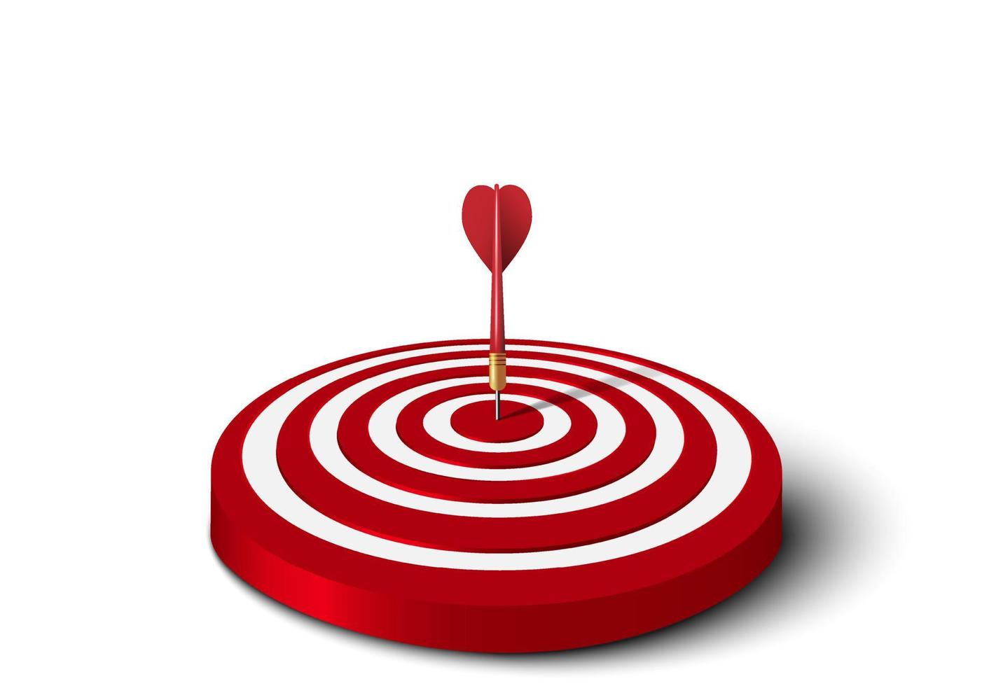 Close up of red dart hit to center of red dartboard on floor. Arrow on bullseye in target. Business success, investment goal, opportunity challenge, strategy, achievement project concept. 3d vector