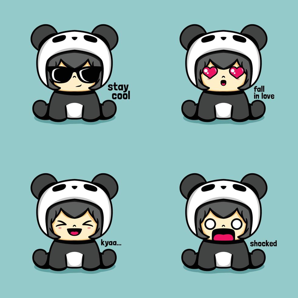 ilustración vectorial de una linda niña emoji con traje de panda vector