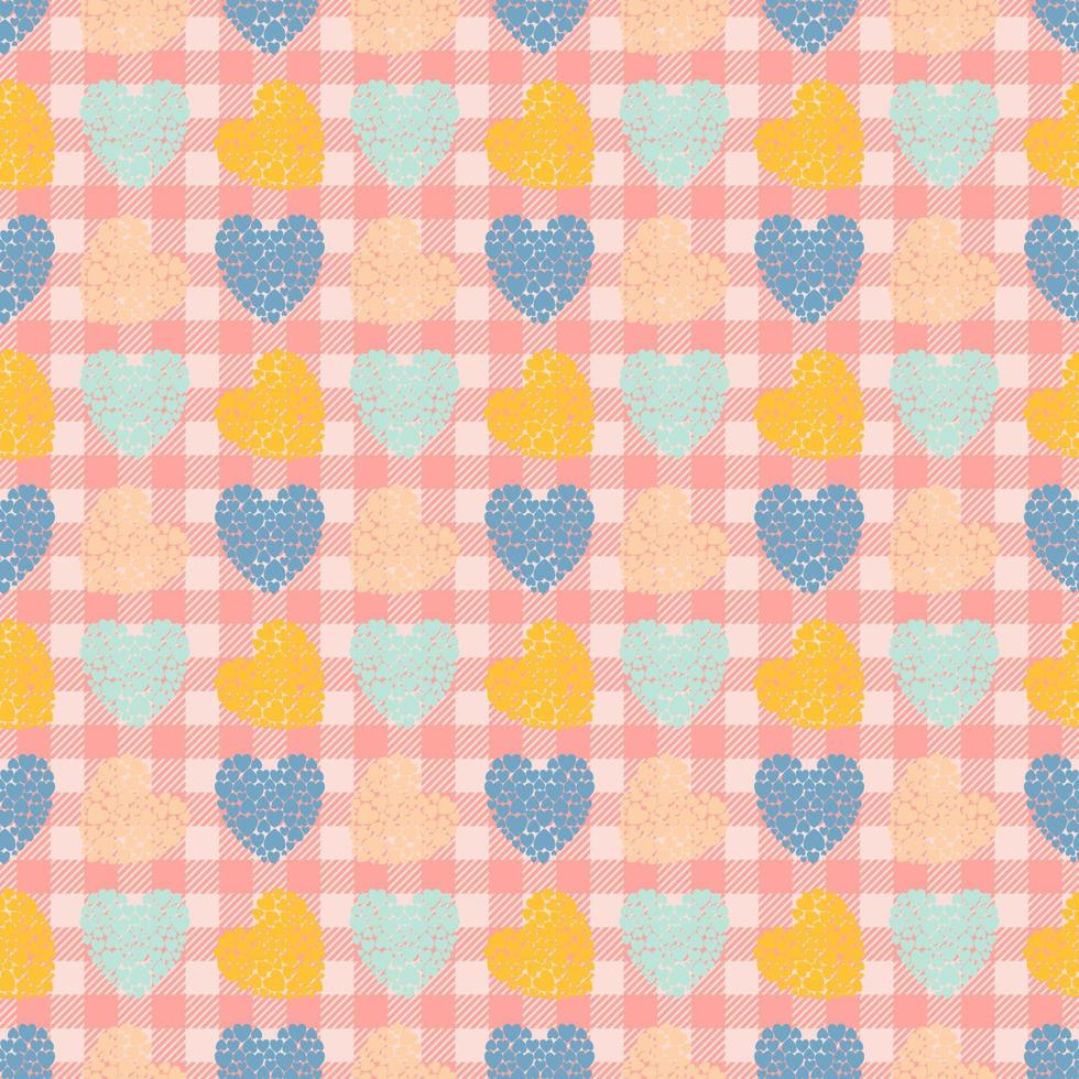 Wrapping paper pattern. Heart pattern on plaid pattern. vector
