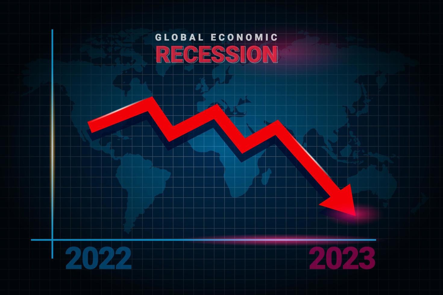 Recesión económica de 2023, caída de negocios globales con flecha descendente y mapa mundial. perdiendo dinero crisis bursátil, crisis financiera y antecedentes del concepto financiero. vector