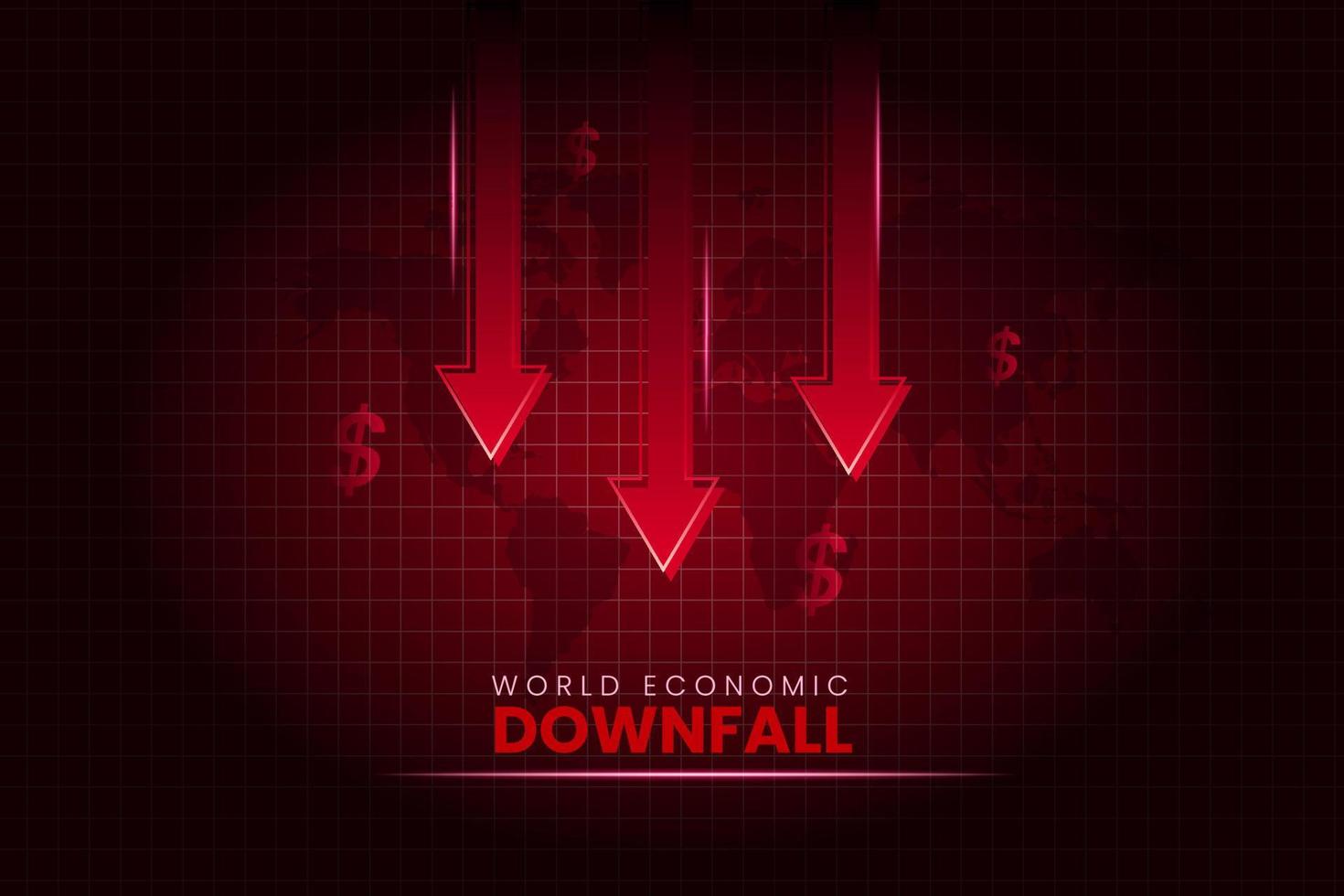 World economic downfall red background with falling arrow and world map. vector