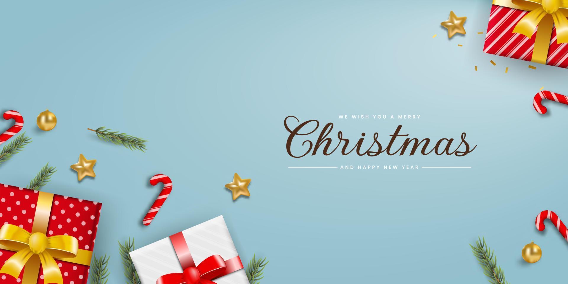 fondo de navidad y año nuevo. banner de navidad con caja de regalos realistas pino abeto árbol exuberante, bastón de caramelo, bolas de oro. bueno para tarjetas de felicitación, ilustración de vectores de carteles