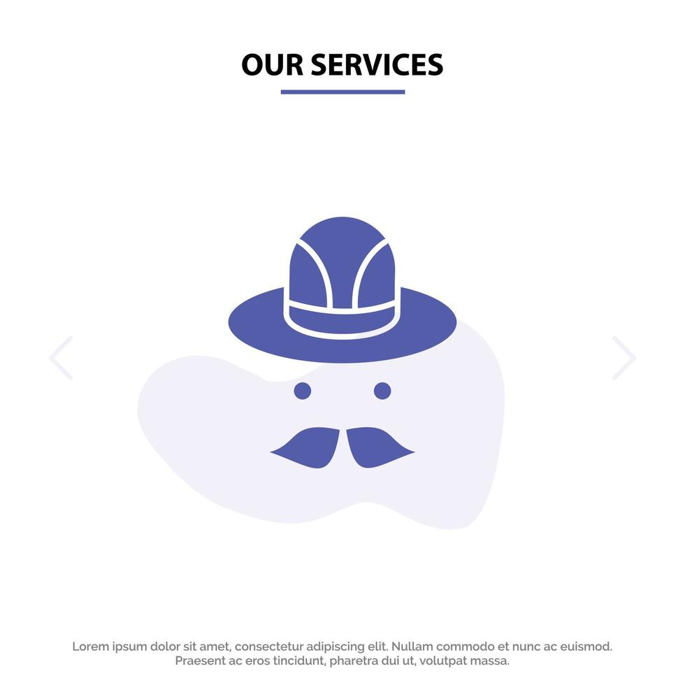 nuestros servicios gorra sombrero canadá icono de glifo sólido plantilla de tarjeta web vector