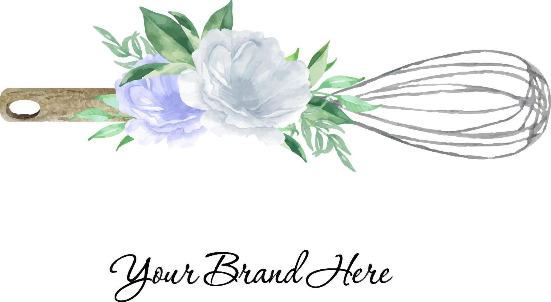 Watercolor bakery logo whisk with flowers and greenery. Illustration for home bakery vector