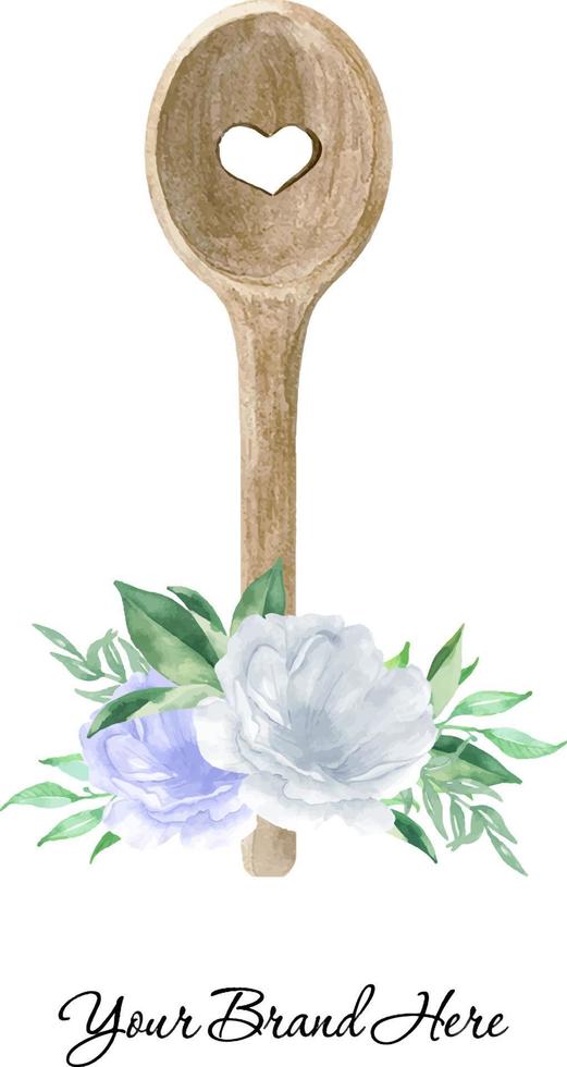 Cuchara de madera con logo de panadería acuarela con flores y vegetación. ilustración para panadería casera vector