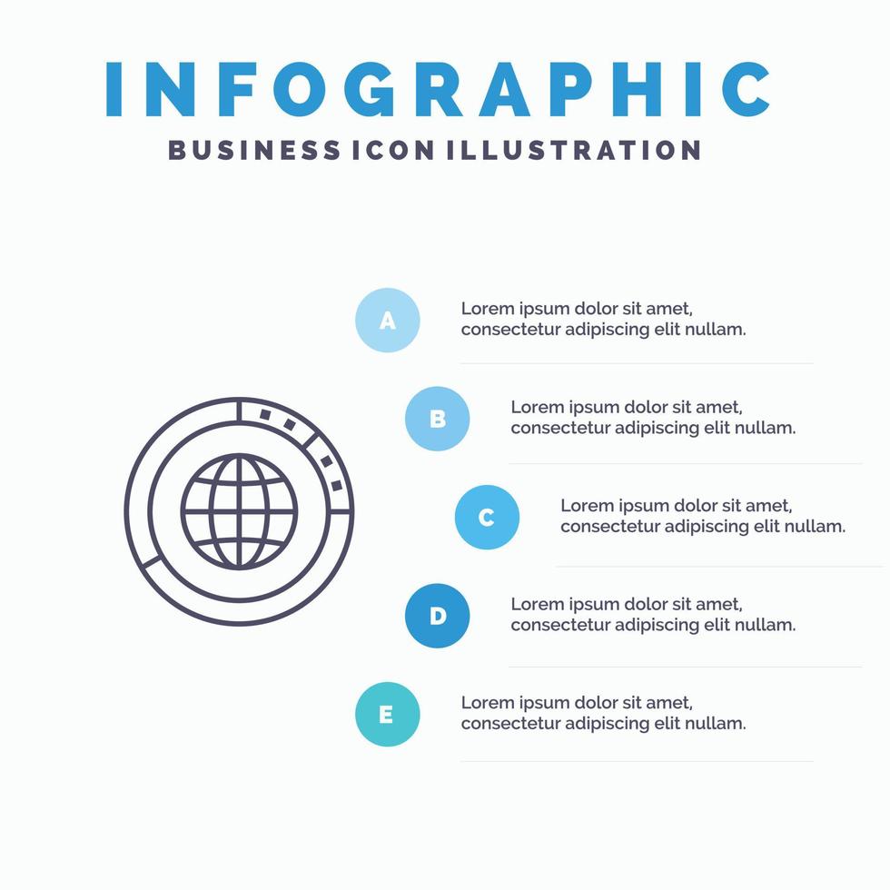 datos de gestión globo global recursos estadísticas icono de línea mundial con infografía de presentación de 5 pasos vector